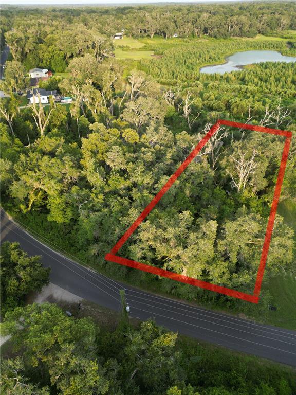 An aerial view shows a rectangular wooded lot outlined in red next to a paved road — 3418 E PERRY STREET, INVERNESS, FL