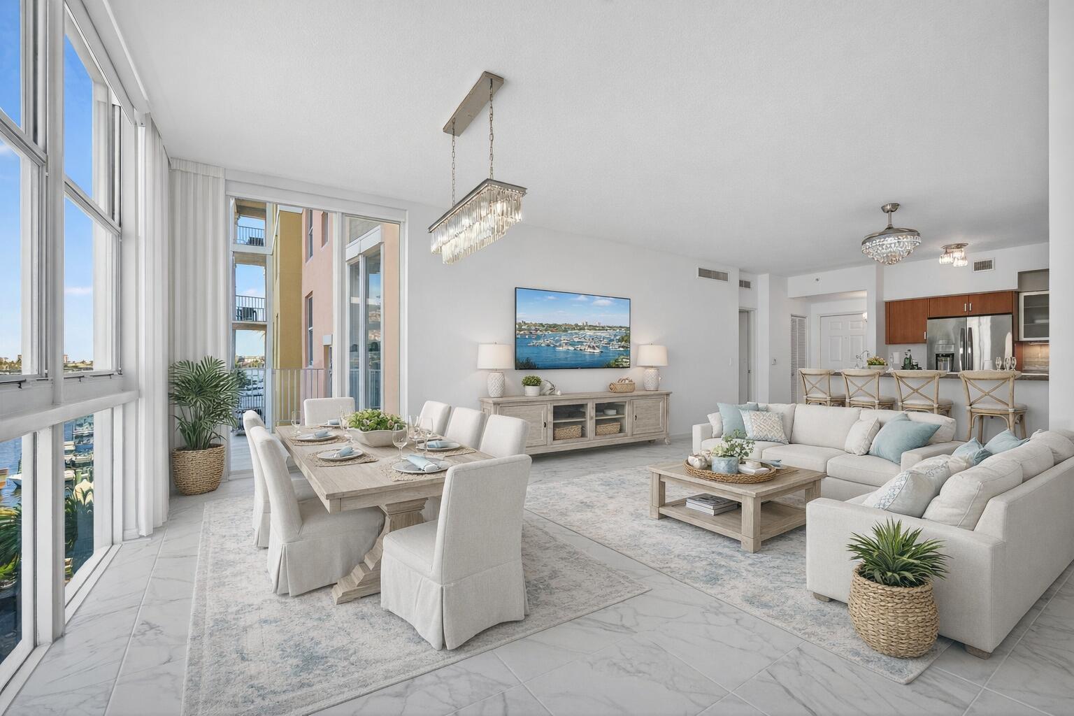 An open-concept living and dining area features white tile floors, neutral furniture, and balcony views — 806 E Windward Way # 403, Lantana FL 33462, LANTANA, FL