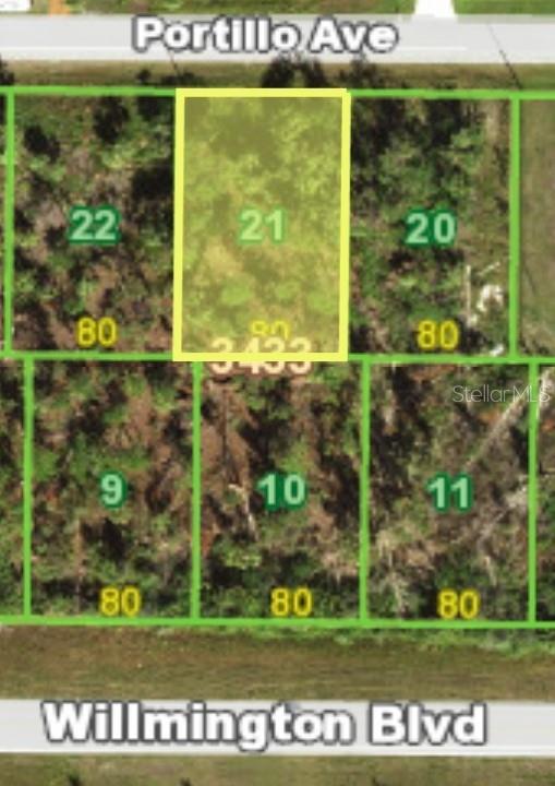 This is a satellite map view showing a highlighted vacant residential lot numbered 21 — 9353 PORTILLO AVENUE, ENGLEWOOD, FL