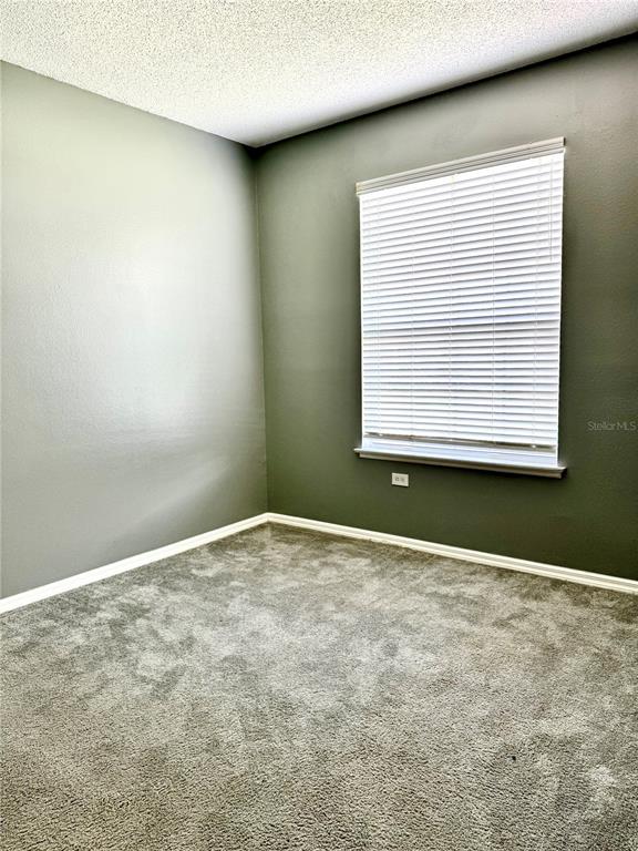 An empty room features gray carpet, olive green walls, and a window with white blinds — 1944 THE OAKS BOULEVARD, KISSIMMEE, FL