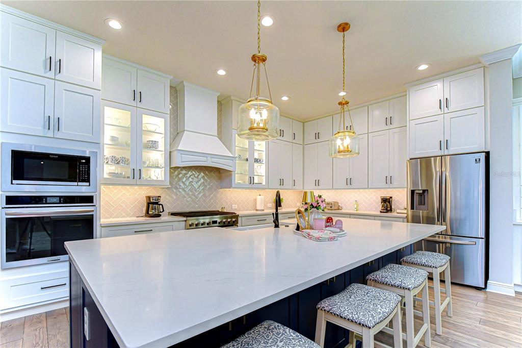 A modern kitchen features white cabinetry, a large quartz island, and stainless steel appliances — 6005 SPARROWHEAD WAY, LITHIA, FL