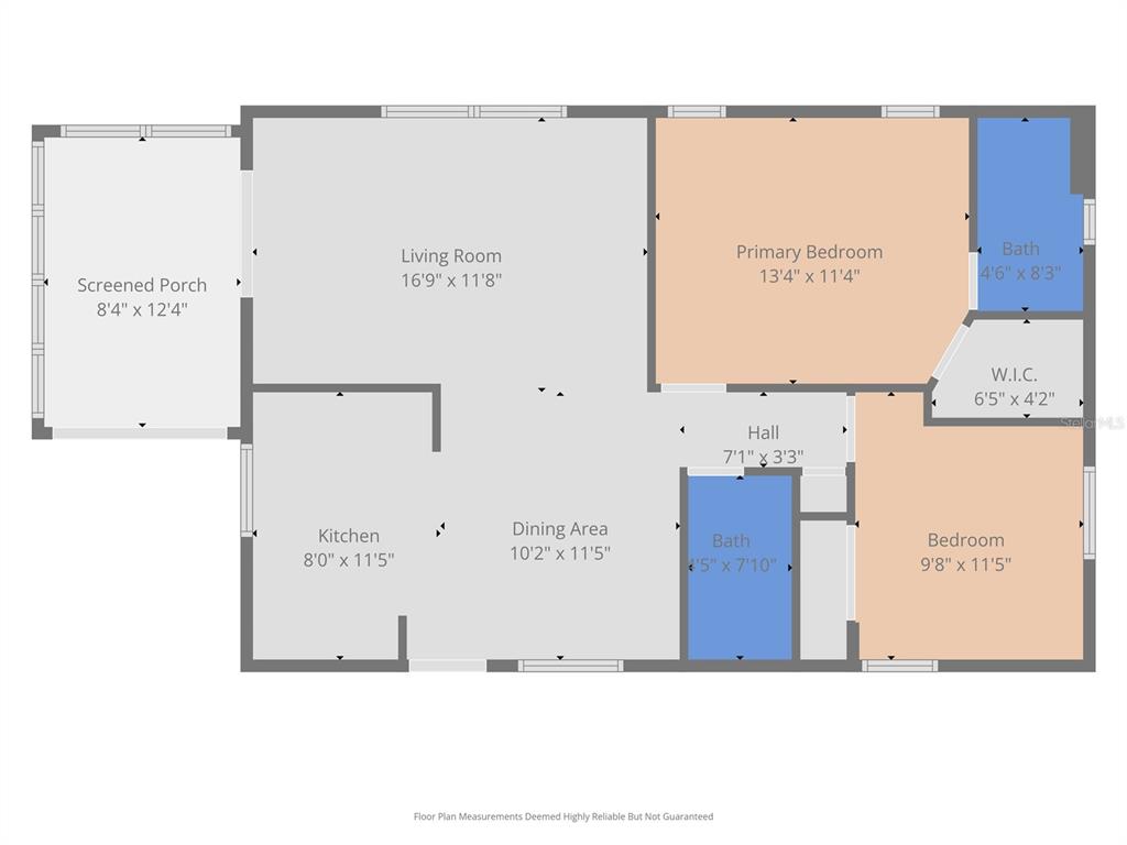 This is a floor plan showing a two-bedroom, two-bathroom apartment with a screened porch — 82403 NEW CIRCLE DRIVE N, PINELLAS PARK, FL