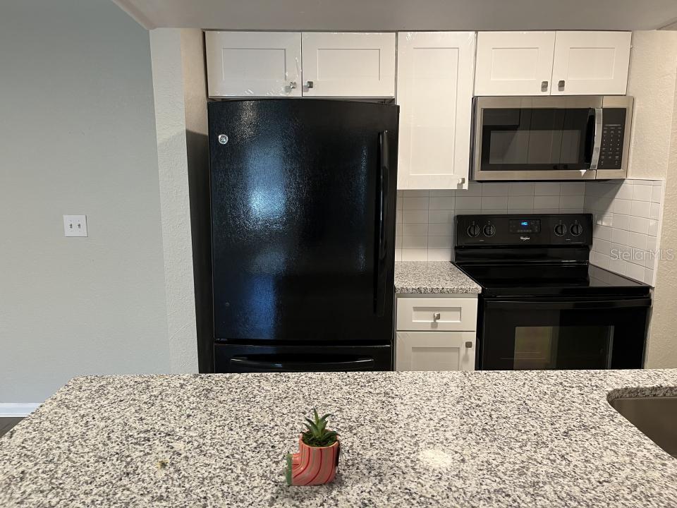 A kitchen features white cabinets, granite countertops, and black appliances including a refrigerator and stove — 624 GOLDEN RAINTREE PLACE UNIT 624, BRANDON, FL