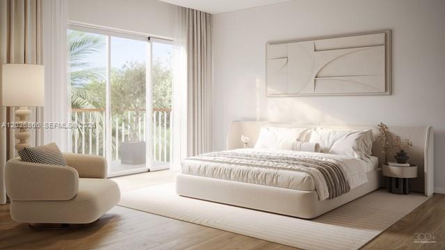 This is a rendering of a modern bedroom featuring a bed, an armchair, and balcony access — MIAMI, FL