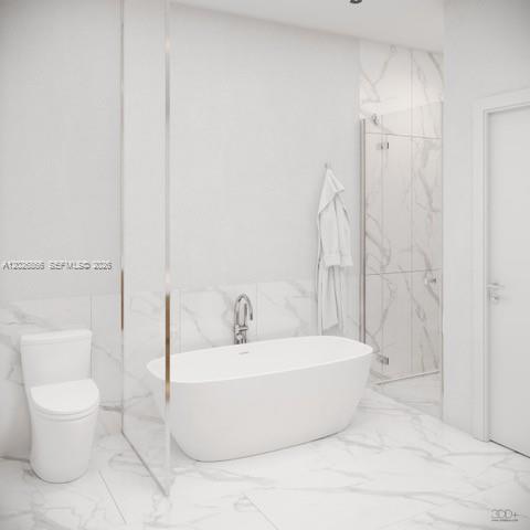 This rendering shows a modern bathroom with a freestanding tub, glass shower, and marble tile — MIAMI, FL