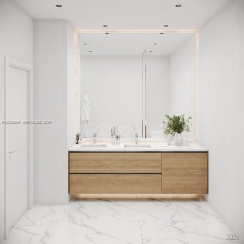 This rendering shows a modern bathroom with a double vanity, wood cabinets, and marble flooring — MIAMI, FL