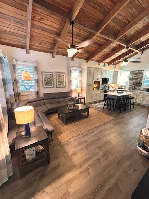 An open-concept living room and kitchen feature a vaulted wood-beam ceiling and wood-look flooring — 525 LEXINGTON STREET, DUNEDIN, FL