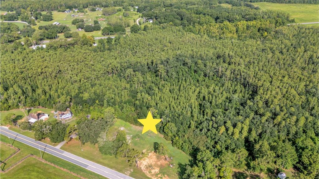 An aerial view shows a wooded lot with a yellow star marking a cleared area — 4541 COUNTY ROAD 561, CLERMONT, FL