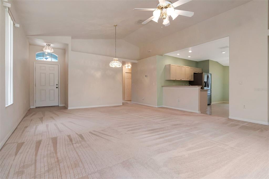 A spacious living room features beige carpeting, vaulted ceilings, a ceiling fan, and sliding doors — 10029 BROOKDALE DRIVE, NEW PORT RICHEY, FL