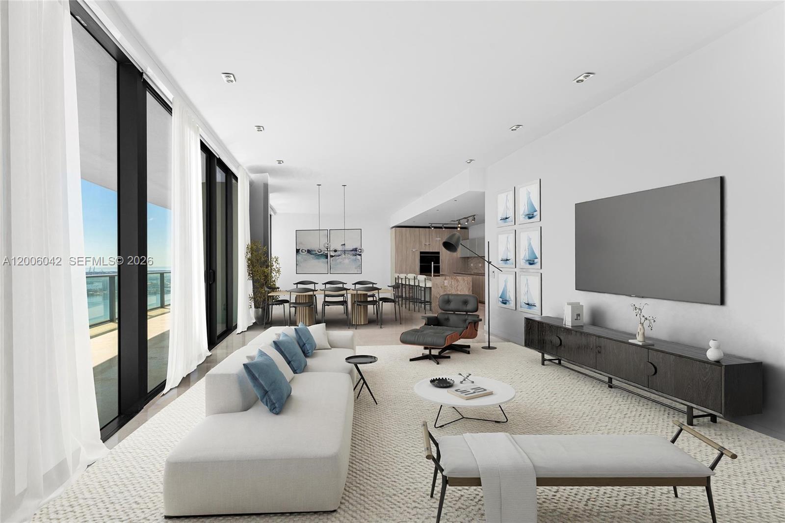 This modern open-concept living and dining area features floor-to-ceiling windows and a balcony view — 3131 NE 7th Ave, Miami FL 33137, MIAMI, FL