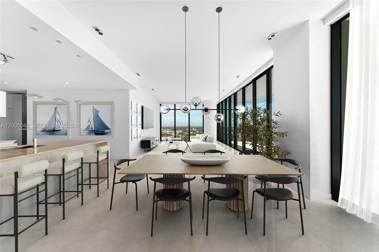 This is a rendering of a modern open-concept dining and living area with floor-to-ceiling windows — 3131 NE 7th Ave, Miami FL 33137, MIAMI, FL