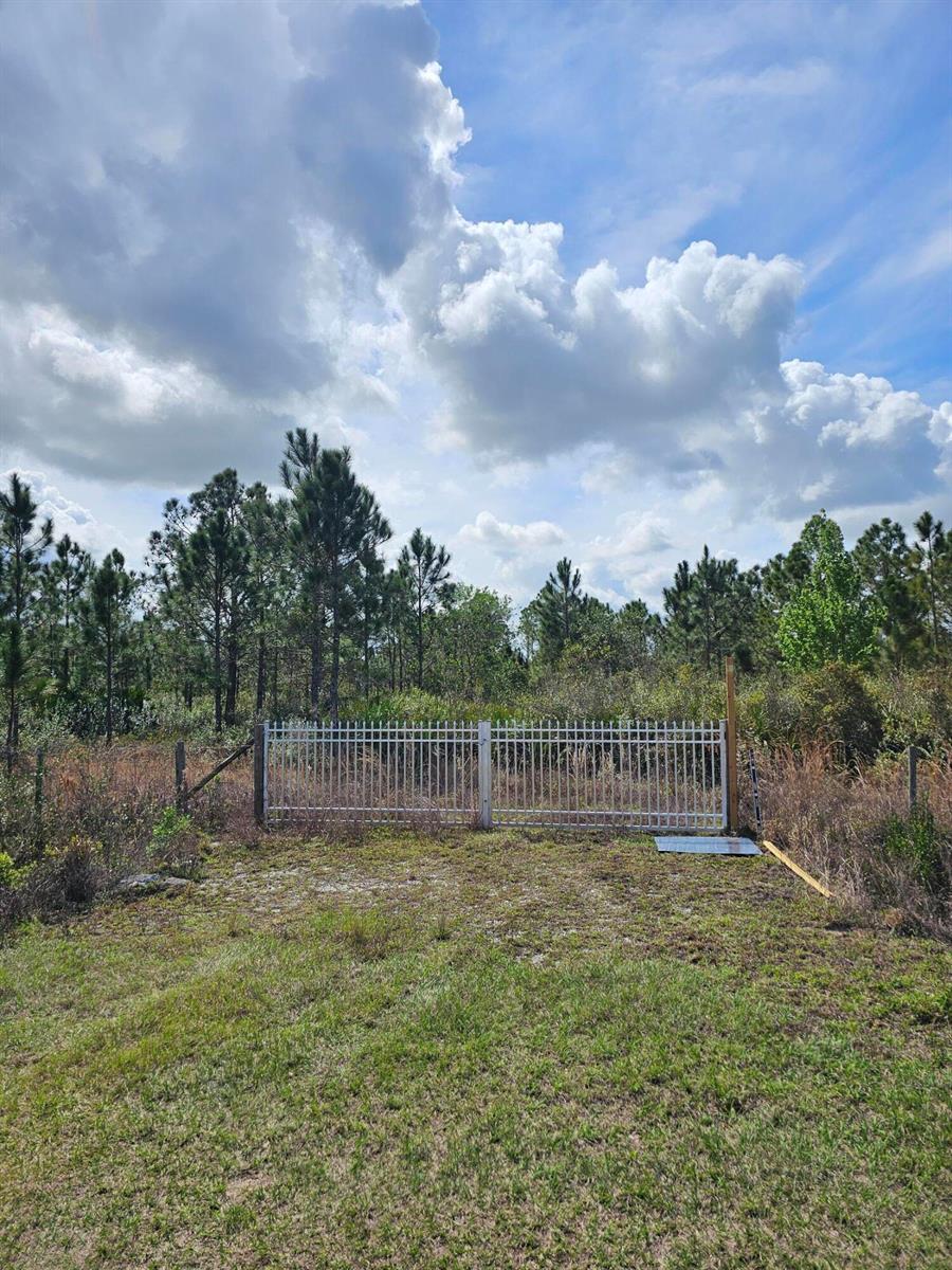 A metal gate stands in a grassy field bordered by a forest under a cloudy sky — 17720 NW 268th Street, Okeechobee FL 34972, OKEECHOBEE, FL