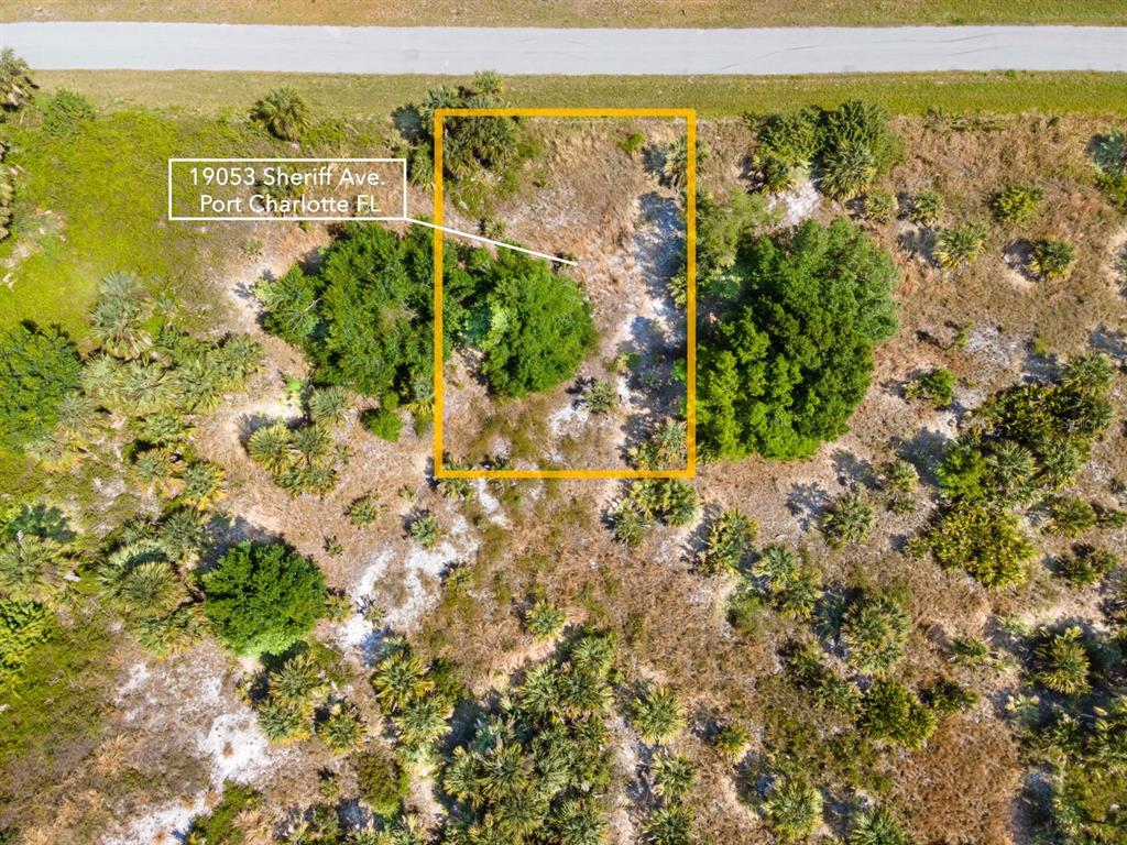 An aerial view shows a rectangular plot of land with trees and brush — 19053 SHERIFF AVENUE, PORT CHARLOTTE, FL