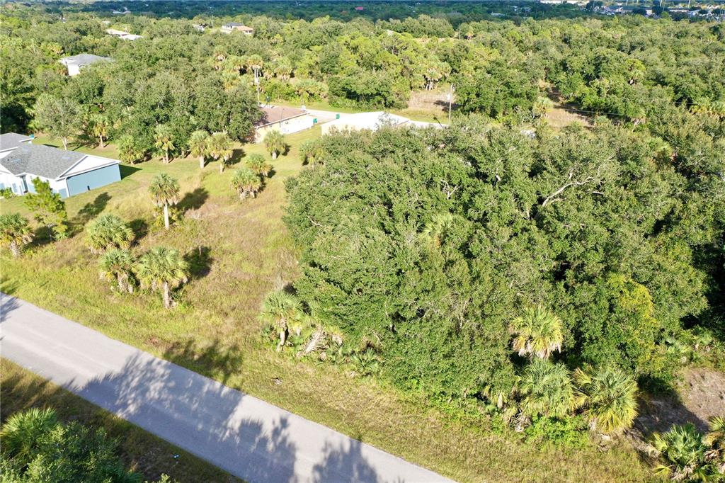 An aerial view shows a vacant, partially wooded lot next to a paved road — 454 LEONA STREET, PORT CHARLOTTE, FL