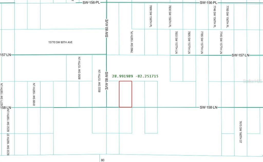 This is a map showing a specific property lot highlighted in red — Tract 418 SW 158TH LANE, DUNNELLON, FL