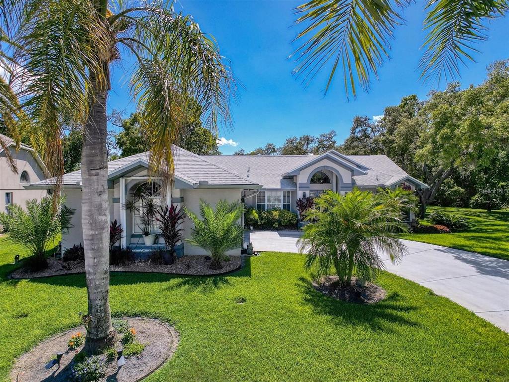 A single-story house with a gray roof, stucco exterior, and palm trees in the front yard — 13627 GLAZE BROOK DRIVE, HUDSON, FL