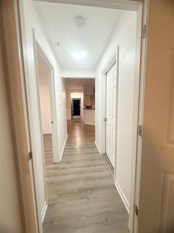 A hallway with light wood-look flooring leads toward a doorway and a kitchen area — 13003 PLANTATION PARK CIRCLE UNIT 13110, ORLANDO, FL