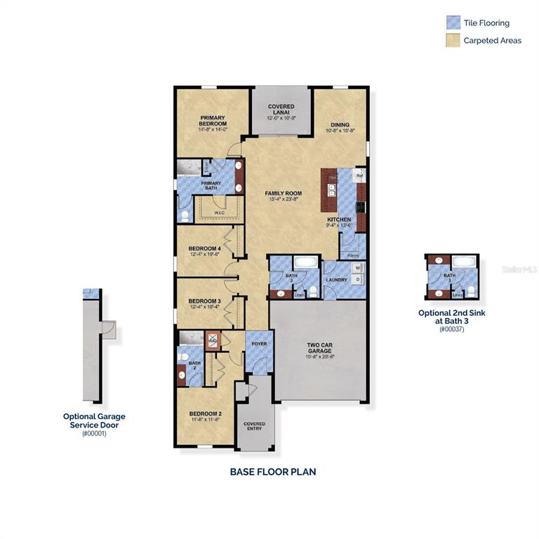 This floor plan shows a four-bedroom home with a two-car garage and covered lanai — 2142 TOWN PASTURE DRIVE, EUSTIS, FL