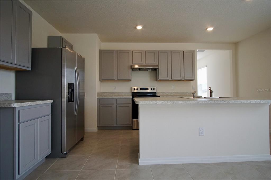 This kitchen features gray cabinets, stainless steel appliances, and a peninsula with a countertop — 1703 POST OAK DRIVE, DAVENPORT, FL