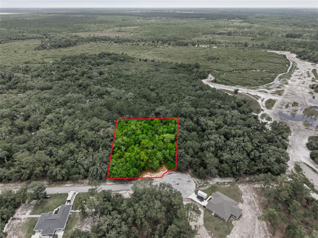 An aerial view shows a rectangular, wooded vacant lot outlined in red along a road — 000 SW 172ND LOOP, OCALA, FL