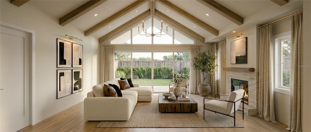 This rendering shows a living room with a vaulted ceiling, exposed beams, and a fireplace — 1210 W YALE STREET, ORLANDO, FL