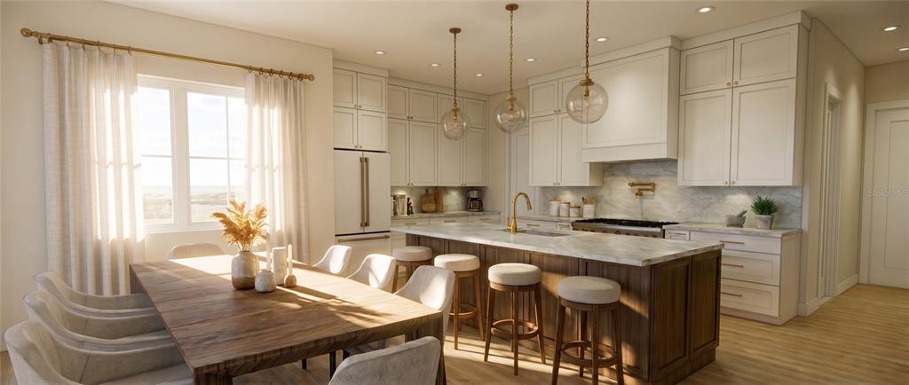 This rendering shows a kitchen and dining area with white cabinetry, a wood-toned island, and pendant lighting — 1210 W YALE STREET, ORLANDO, FL