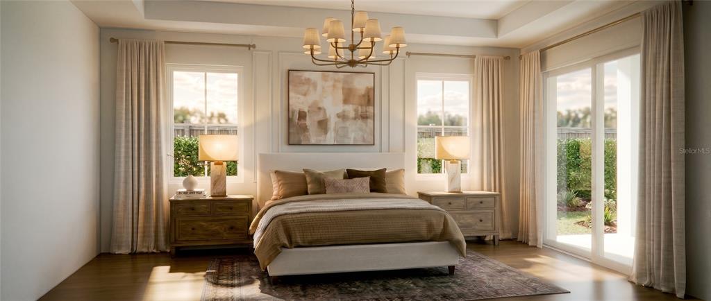 This rendering shows a bedroom with a central bed, two nightstands, and sliding glass doors — 1210 W YALE STREET, ORLANDO, FL
