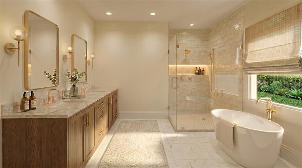 This rendering shows a modern bathroom with a double vanity, glass shower, and freestanding tub — 1210 W YALE STREET, ORLANDO, FL