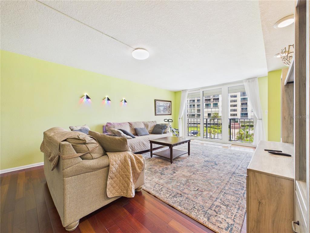 A living room features light green walls, hardwood floors, a patterned rug, and balcony access — 1400 GULF BOULEVARD UNIT 212, CLEARWATER BEACH, FL