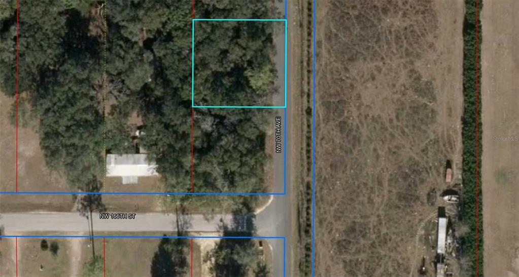 This is an aerial map showing a wooded lot outlined in blue near a street intersection — Lot 111 NW 70TH AVENUE, TRENTON, FL