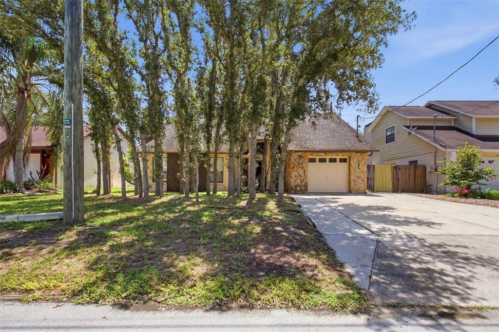 A single-story house with a stone facade and a driveway sits behind several tall trees — 10207 N HYALEAH ROAD, TAMPA, FL