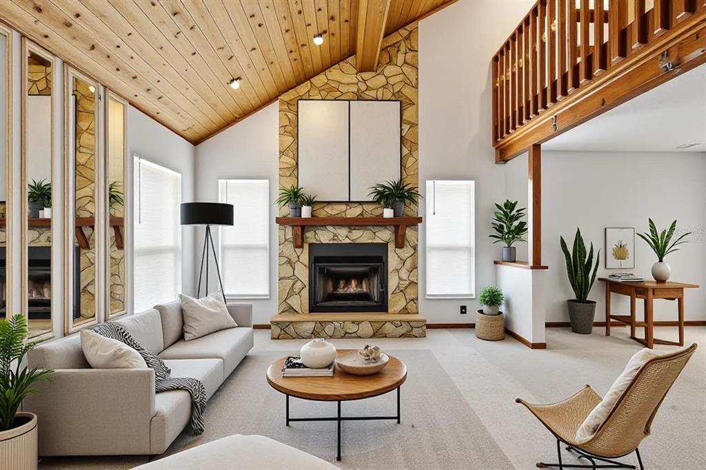 A living room features a stone fireplace, vaulted wood ceiling, and a wooden loft railing — 10207 N HYALEAH ROAD, TAMPA, FL