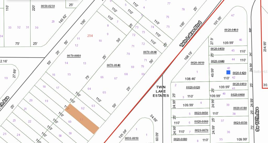 This image is a land parcel map showing property lot lines and dimensions — 00 TWIN LAKES BOULEVARD, INTERLACHEN, FL