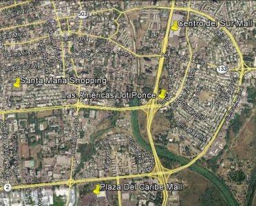 This is a satellite map showing shopping centers and roads in Ponce, Puerto Rico — PR 163 int LAS AMERICAS AVE., PONCE, PR