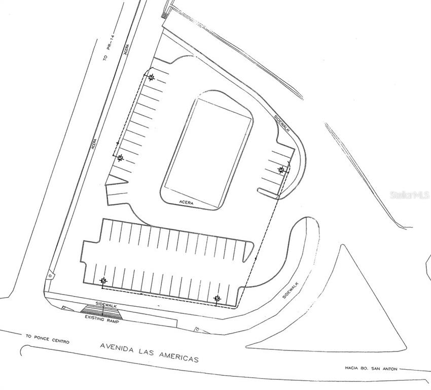 This is a site plan showing a parking lot layout with sidewalks and surrounding streets — PR 163 int LAS AMERICAS AVE., PONCE, PR