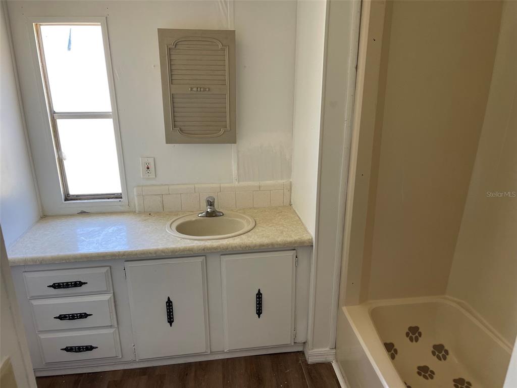 A bathroom features a white vanity with a sink, a wall cabinet, and a bathtub — 16329 CALDWELL LANE, SPRING HILL, FL