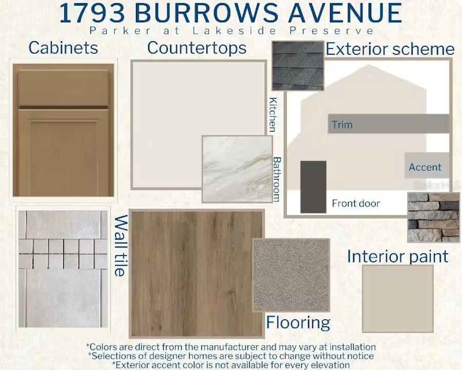 This design board displays material samples for cabinets, countertops, flooring, tile, and exterior finishes — 1793 BURROWS AVENUE, LAKELAND, FL