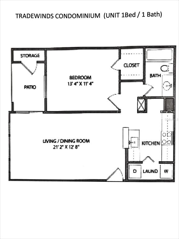 This floor plan shows a one-bedroom, one-bathroom condominium unit with a patio and laundry area — 1049 S HIAWASSEE ROAD UNIT 3416, ORLANDO, FL