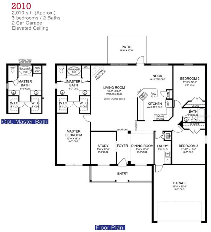 This floor plan shows a three-bedroom, two-bathroom house with a garage and an optional bath — 135 BROADMOOR LANE, ROTONDA WEST, FL