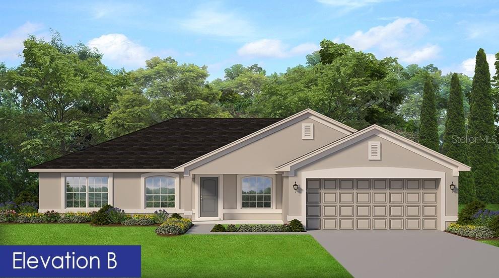 A digital rendering of a single-story house exterior with a two-car garage and beige siding — 135 BROADMOOR LANE, ROTONDA WEST, FL