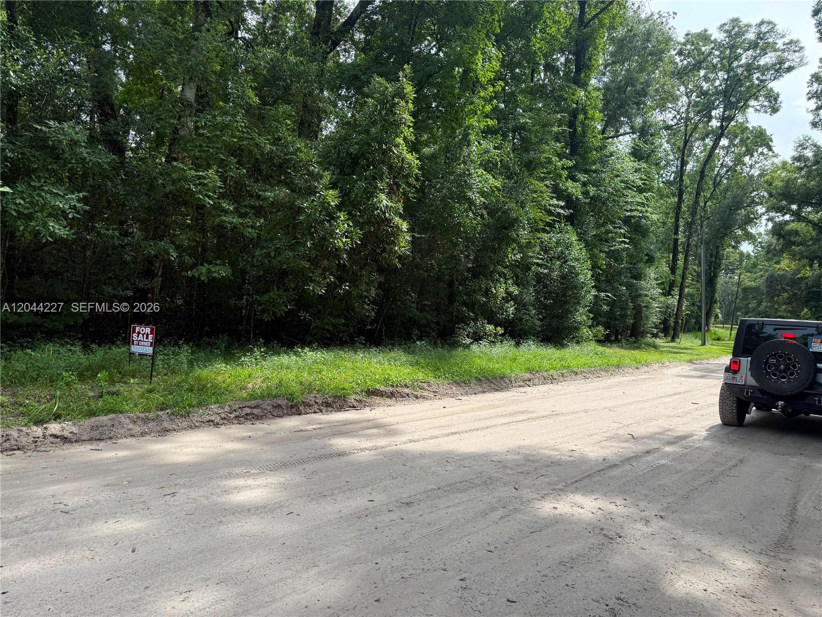 A dirt road runs alongside a wooded lot with a for sale sign — 36 SW Bumble Street Fort White, FL 32038, FL
