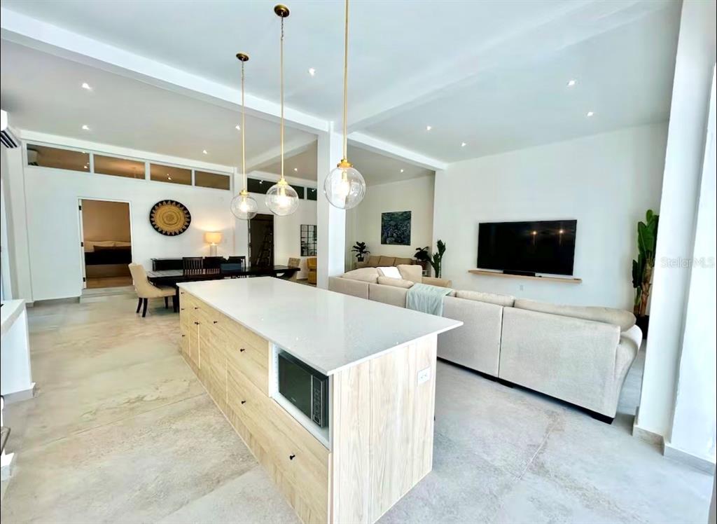 An open-concept living area features a kitchen island, dining space, and a sectional sofa — 107 LOIZA, SAN JUAN, PR