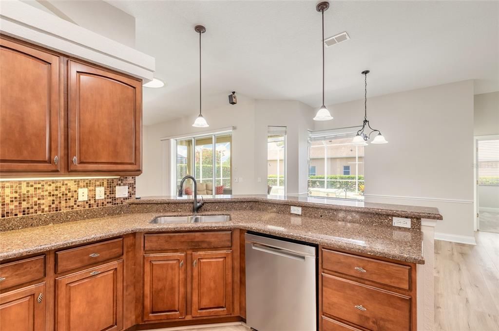 A kitchen features wood cabinets, granite countertops, a stainless steel dishwasher, and pendant lighting — 3614 MARISOL COURT, NEW SMYRNA BEACH, FL