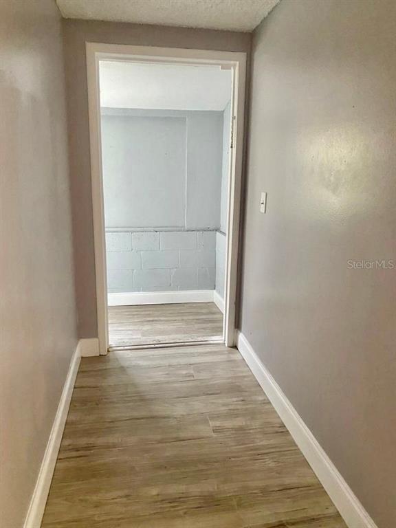 A hallway with light wood-look flooring leads into a room with gray block walls — 3356 AVENUE Q NW, WINTER HAVEN, FL