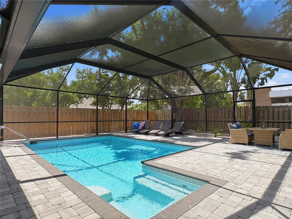A rectangular swimming pool with a sun shelf is enclosed by a screened lanai — 2026 GROVE STREET, SARASOTA, FL