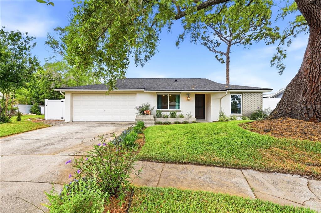 A single-story house with a white exterior, a two-car garage, and a large front tree — 12021 107TH COURT, LARGO, FL