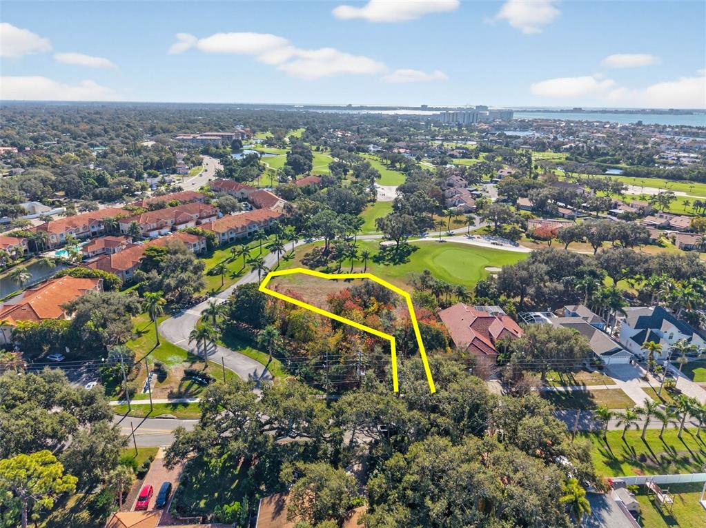 An aerial view shows a vacant, tree-covered lot outlined in yellow near a golf course — ROYAL PALM DRIVE S, GULFPORT, FL
