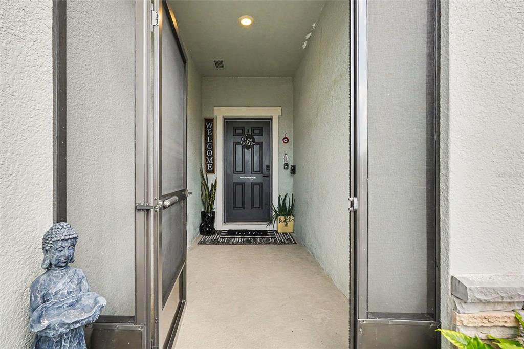 A covered entryway features a dark front door, a screen door, and a Buddha statue — 35739 BUTTONWEED TRAIL, ZEPHYRHILLS, FL