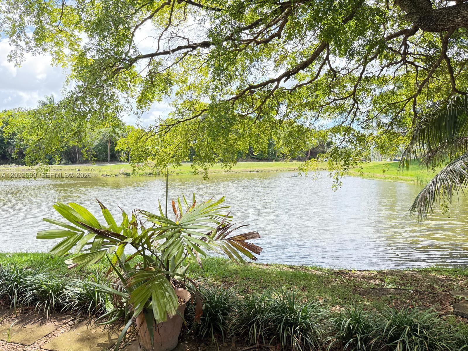 A view of a lake from a grassy yard shaded by a large tree — 18801 Oakland Hills Dr, Hialeah FL 33015, HIALEAH, FL
