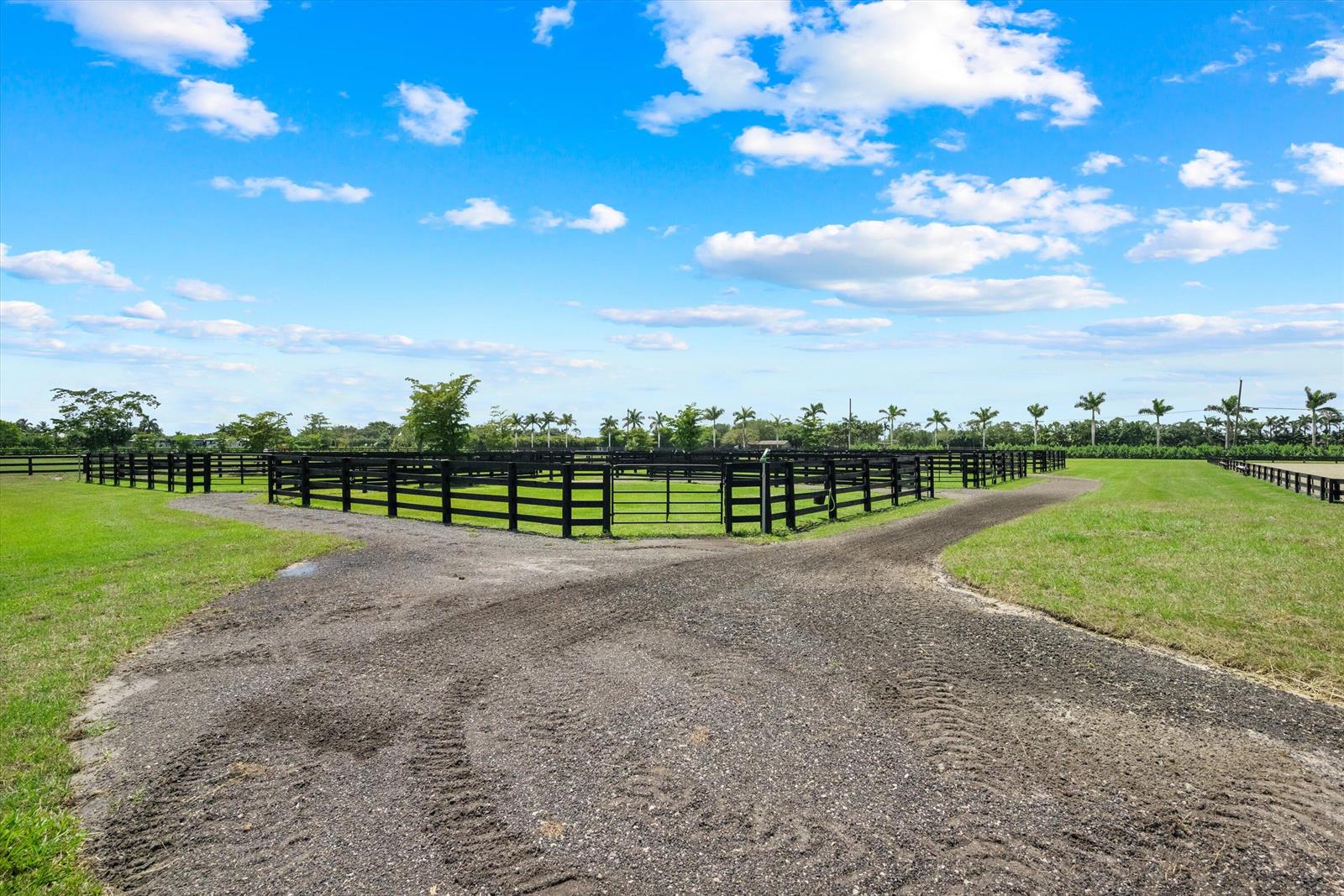 A gravel path leads toward black fenced horse paddocks under a blue sky with clouds — 16175 Deer Path Lane, Wellington FL 33470, WELLINGTON, FL